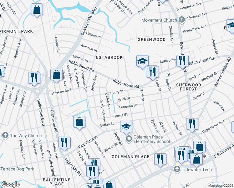 map of restaurants, bars, coffee shops, grocery stores, and more near 3840 Krick Street in Norfolk