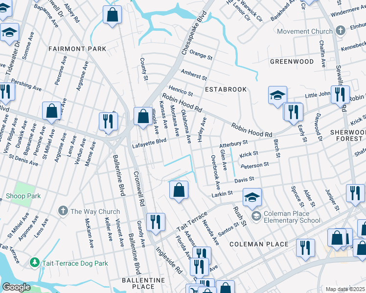 map of restaurants, bars, coffee shops, grocery stores, and more near 3010 Kansas Avenue in Norfolk