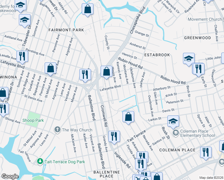 map of restaurants, bars, coffee shops, grocery stores, and more near 3017A Illinois Avenue in Norfolk