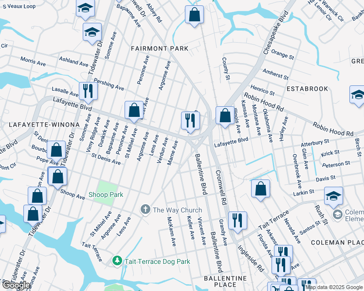 map of restaurants, bars, coffee shops, grocery stores, and more near 3119 Chesapeake Boulevard in Norfolk