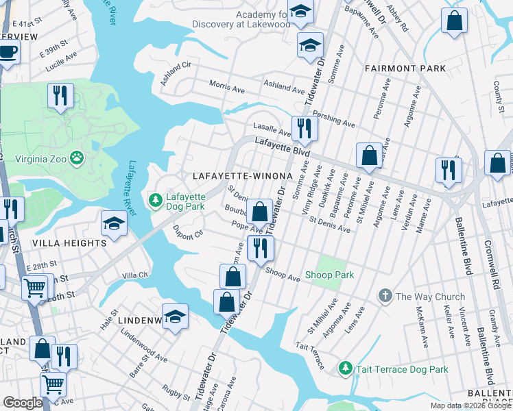 map of restaurants, bars, coffee shops, grocery stores, and more near 1800 Bourbon Avenue in Norfolk