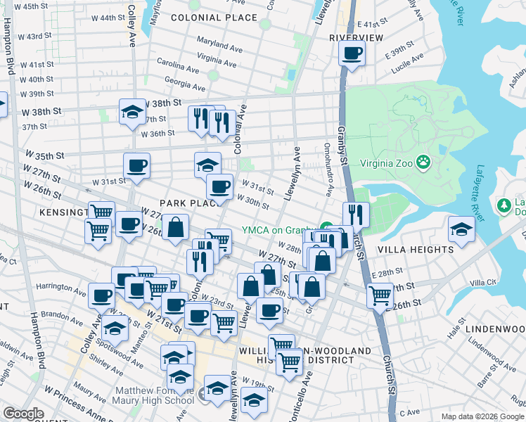map of restaurants, bars, coffee shops, grocery stores, and more near 318 West 29th Street in Norfolk