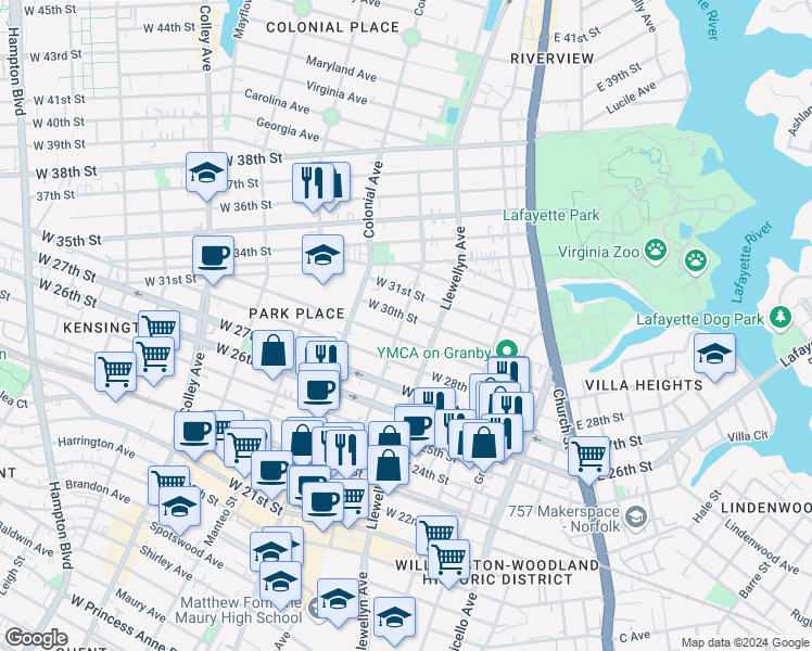 map of restaurants, bars, coffee shops, grocery stores, and more near 322 West 29th Street in Norfolk