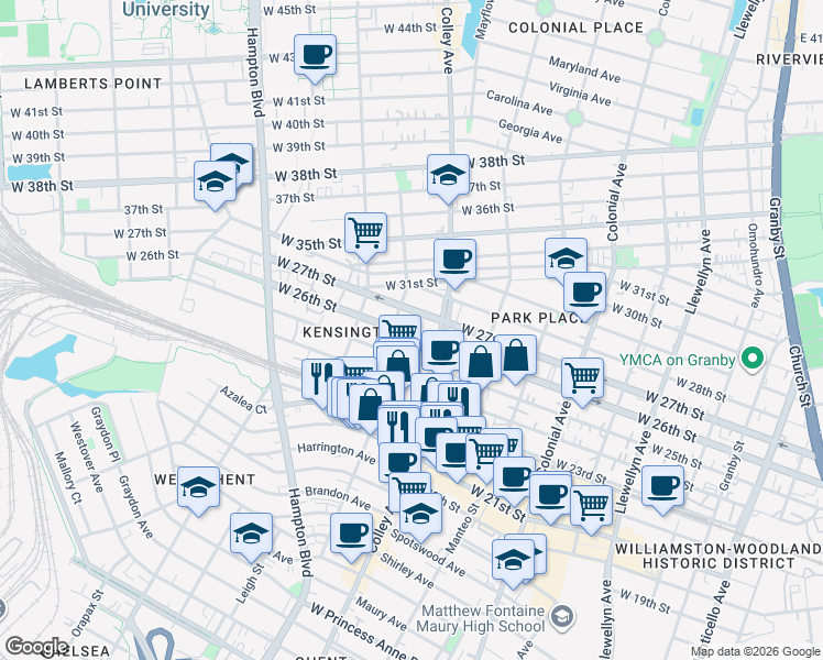 map of restaurants, bars, coffee shops, grocery stores, and more near 815 West 26th Street in Norfolk