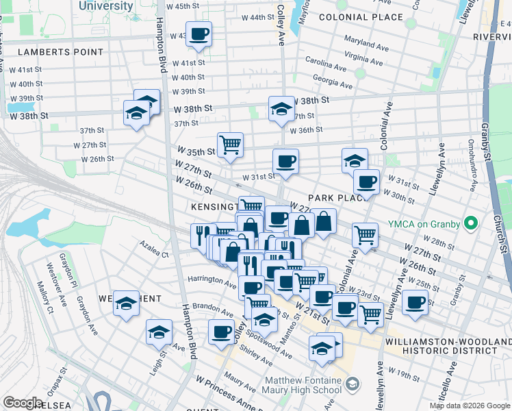 map of restaurants, bars, coffee shops, grocery stores, and more near 815 West 26th Street in Norfolk