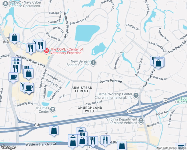 map of restaurants, bars, coffee shops, grocery stores, and more near 3714 Magnolia Drive in Portsmouth