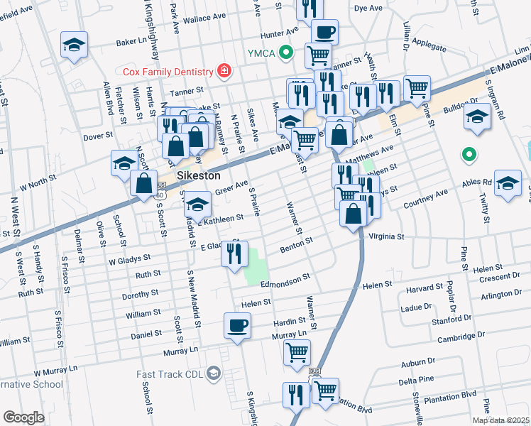 map of restaurants, bars, coffee shops, grocery stores, and more near 241 East Kathleen Street in Sikeston