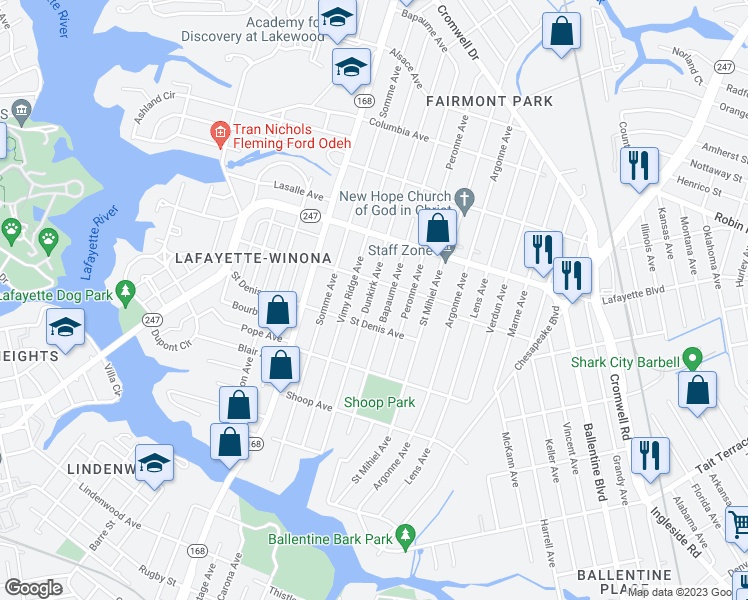 map of restaurants, bars, coffee shops, grocery stores, and more near 3024 Dunkirk Avenue in Norfolk