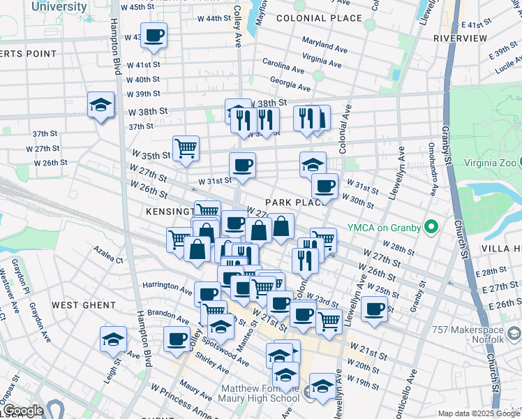 map of restaurants, bars, coffee shops, grocery stores, and more near 704 West 27th Street in Norfolk