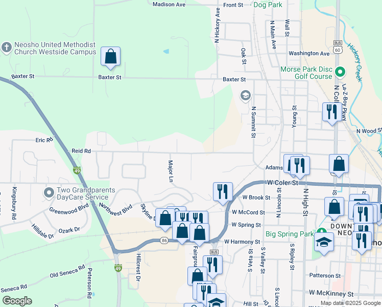 map of restaurants, bars, coffee shops, grocery stores, and more near Breckenridge St in Neosho