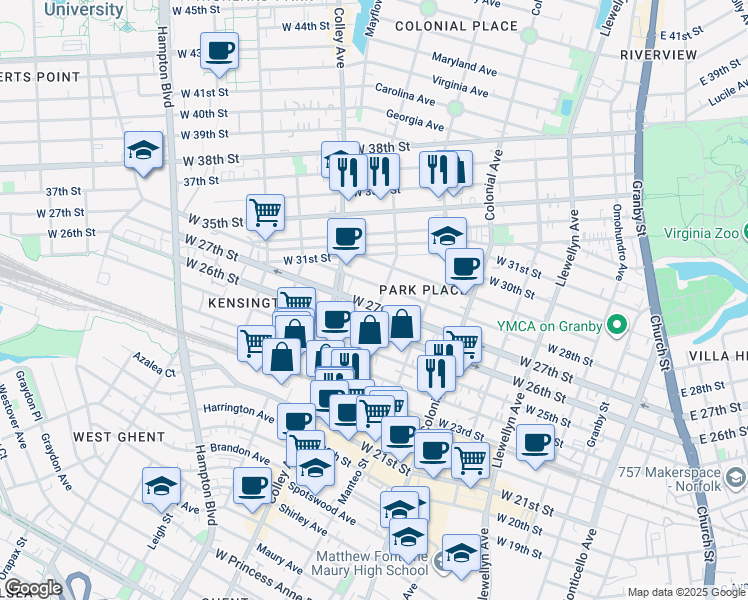 map of restaurants, bars, coffee shops, grocery stores, and more near 704 West 27th Street in Norfolk