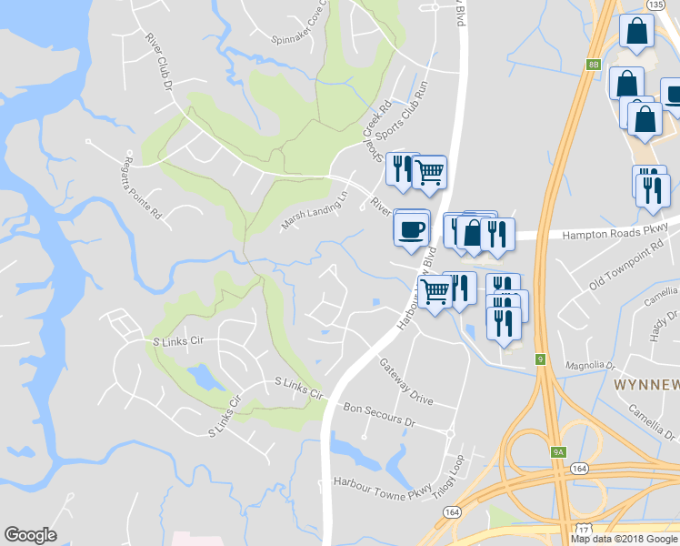 map of restaurants, bars, coffee shops, grocery stores, and more near 2012 Nicklaus Drive in Suffolk