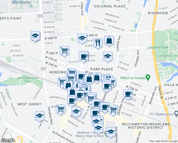 map of restaurants, bars, coffee shops, grocery stores, and more near 708 West 27th Street in Norfolk