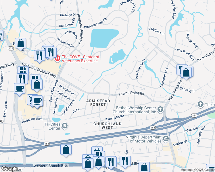 map of restaurants, bars, coffee shops, grocery stores, and more near 3708 Magnolia Drive in Portsmouth