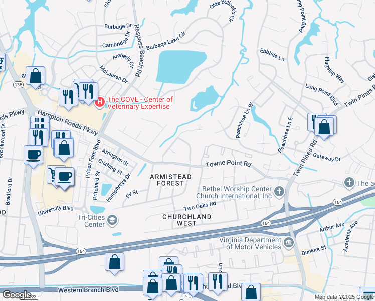 map of restaurants, bars, coffee shops, grocery stores, and more near 3708 Magnolia Drive in Portsmouth
