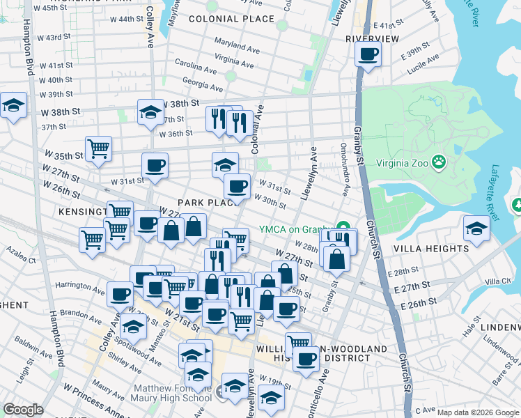 map of restaurants, bars, coffee shops, grocery stores, and more near 423 West 29th Street in Norfolk