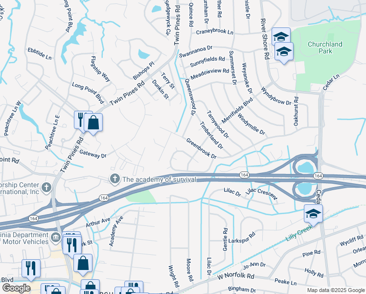 map of restaurants, bars, coffee shops, grocery stores, and more near 4053 Kalona Road in Portsmouth