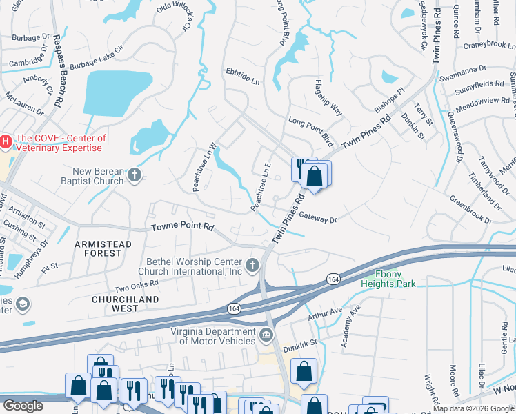 map of restaurants, bars, coffee shops, grocery stores, and more near 3714 Sugar Creek Circle in Portsmouth