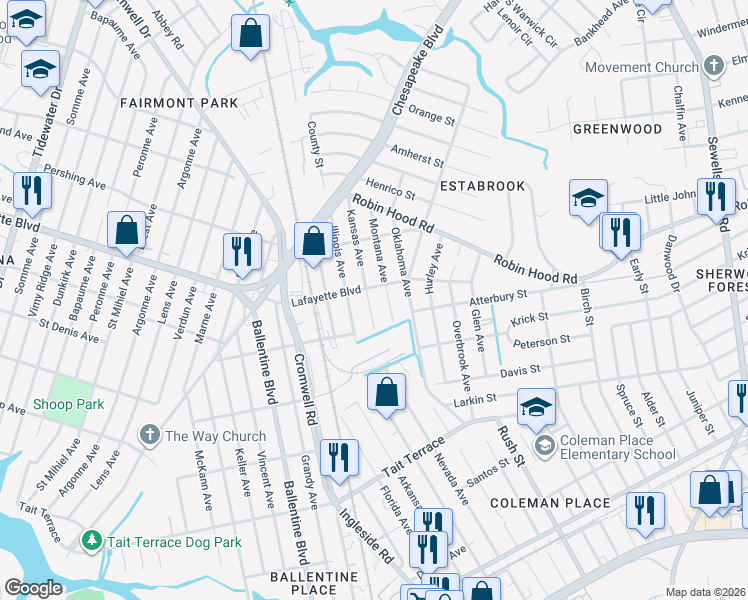 map of restaurants, bars, coffee shops, grocery stores, and more near 3010 Kansas Avenue in Norfolk