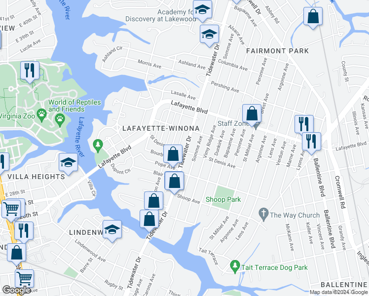 map of restaurants, bars, coffee shops, grocery stores, and more near 1905 Saint Denis Avenue in Norfolk