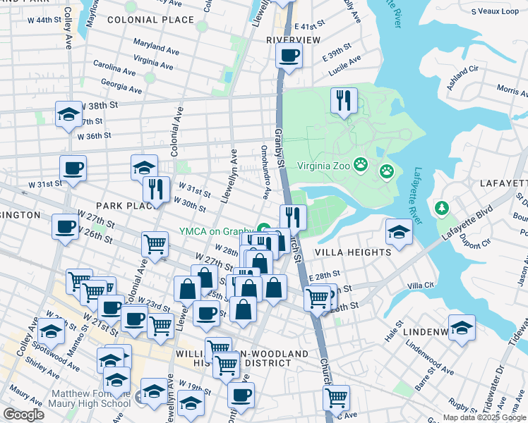 map of restaurants, bars, coffee shops, grocery stores, and more near 111 West 31st Street in Norfolk
