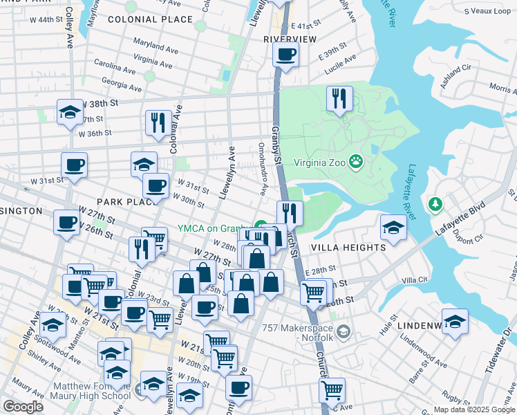 map of restaurants, bars, coffee shops, grocery stores, and more near 111 West 31st Street in Norfolk