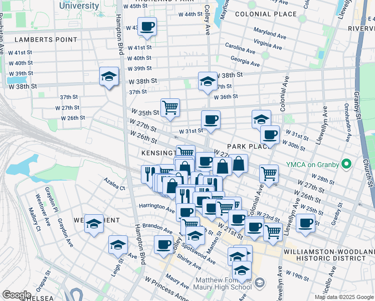 map of restaurants, bars, coffee shops, grocery stores, and more near 815 West 26th Street in Norfolk