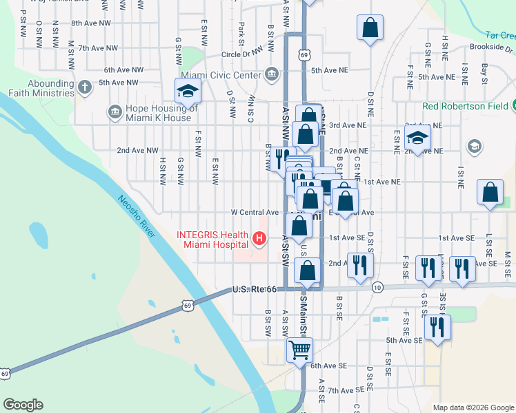 map of restaurants, bars, coffee shops, grocery stores, and more near 2 C Street Southwest in Miami