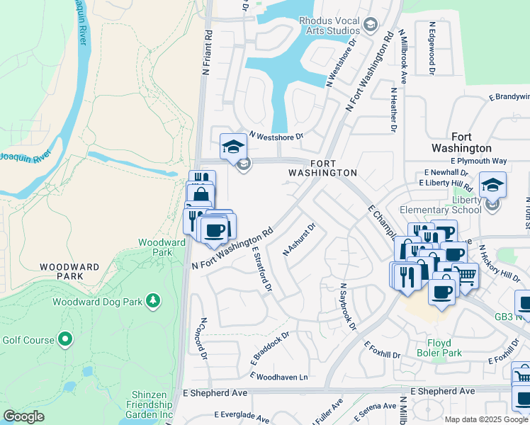 map of restaurants, bars, coffee shops, grocery stores, and more near 9525 North Fort Washington Road in Fresno