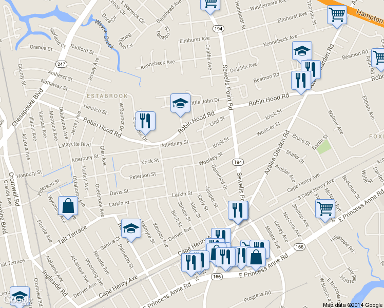 map of restaurants, bars, coffee shops, grocery stores, and more near 4604 Woolsey Street in Norfolk