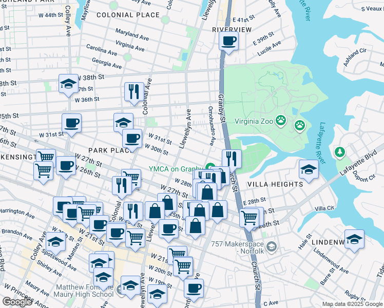 map of restaurants, bars, coffee shops, grocery stores, and more near 227 West 31st Street in Norfolk