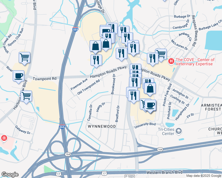 map of restaurants, bars, coffee shops, grocery stores, and more near 6109 Brookwood Drive in Suffolk