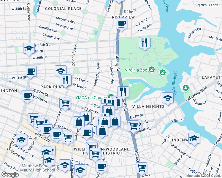 map of restaurants, bars, coffee shops, grocery stores, and more near 111 West 31st Street in Norfolk