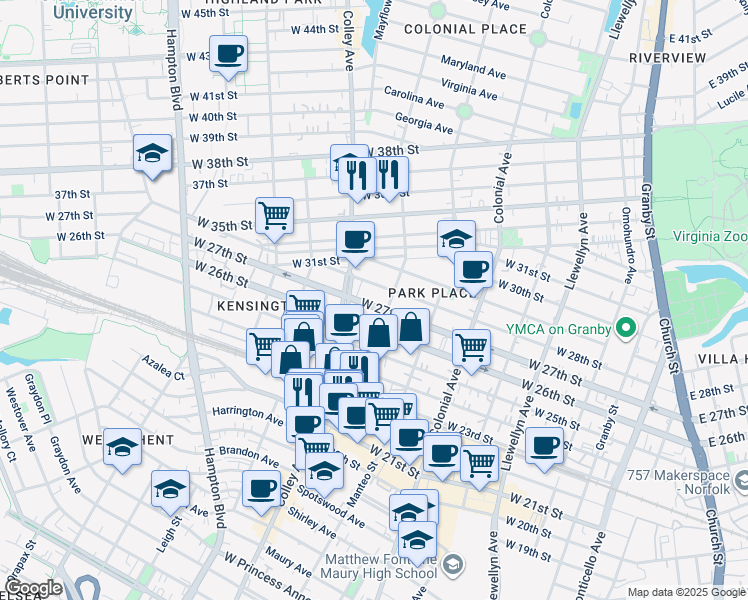 map of restaurants, bars, coffee shops, grocery stores, and more near 714 West 27th Street in Norfolk