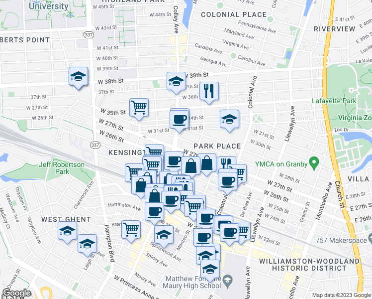 map of restaurants, bars, coffee shops, grocery stores, and more near 720 West 27th Street in Norfolk