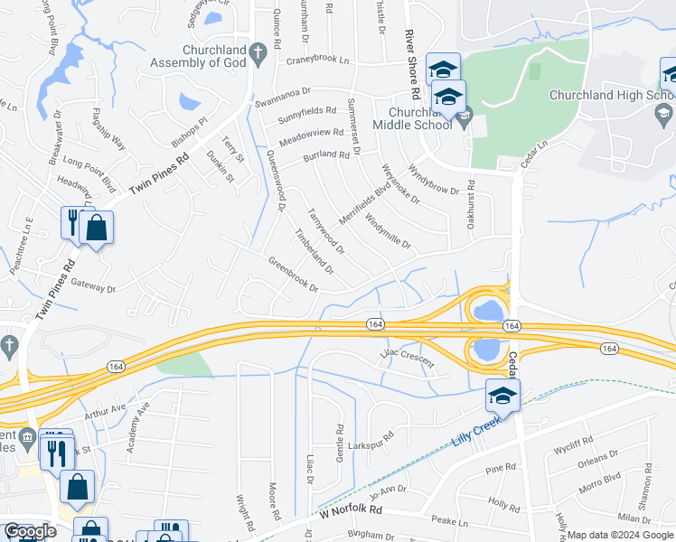 map of restaurants, bars, coffee shops, grocery stores, and more near 4013 Timberland Drive in Portsmouth