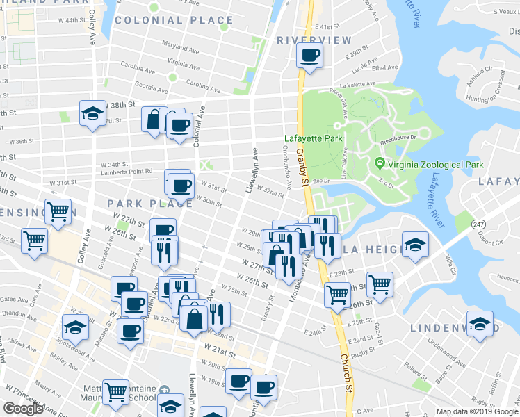 map of restaurants, bars, coffee shops, grocery stores, and more near 227 West 31st Street in Norfolk