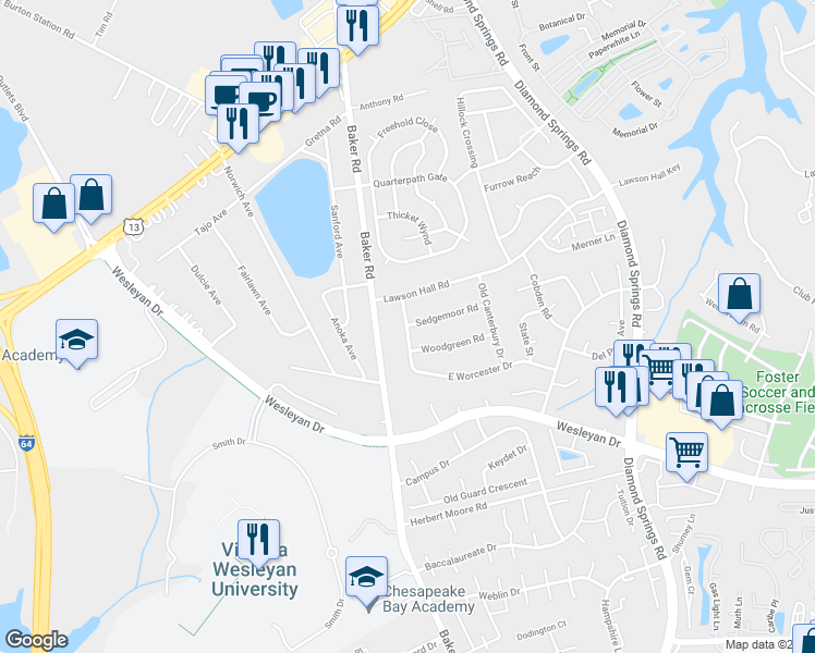 map of restaurants, bars, coffee shops, grocery stores, and more near 1030 Worcester Drive in Virginia Beach