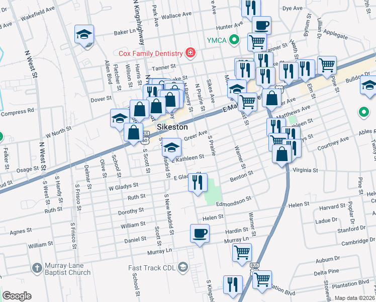 map of restaurants, bars, coffee shops, grocery stores, and more near 316 South Kingshighway in Sikeston