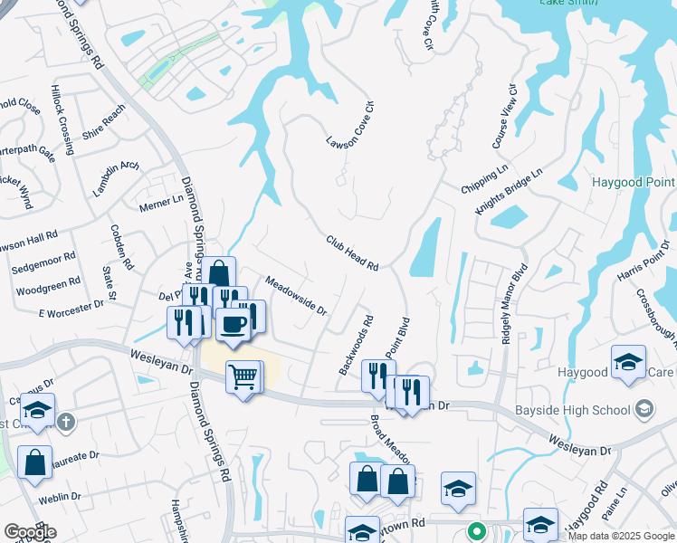 map of restaurants, bars, coffee shops, grocery stores, and more near 1093 Heatherwood Drive in Virginia Beach