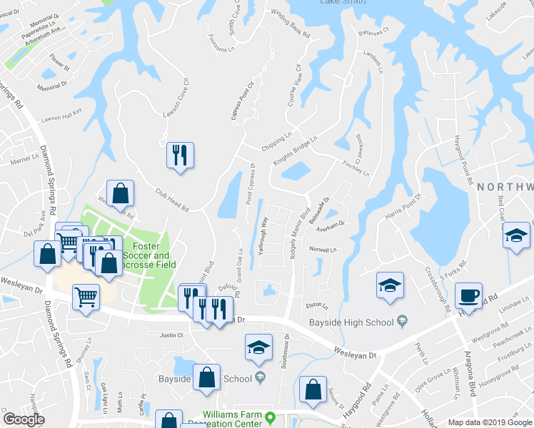 map of restaurants, bars, coffee shops, grocery stores, and more near 1217 Yarbrough Way in Virginia Beach