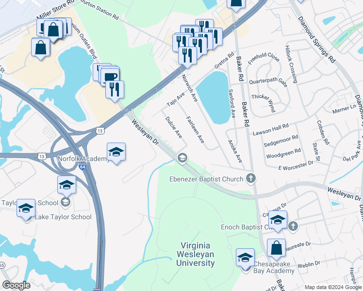 map of restaurants, bars, coffee shops, grocery stores, and more near 5904 Youlous Avenue in Virginia Beach