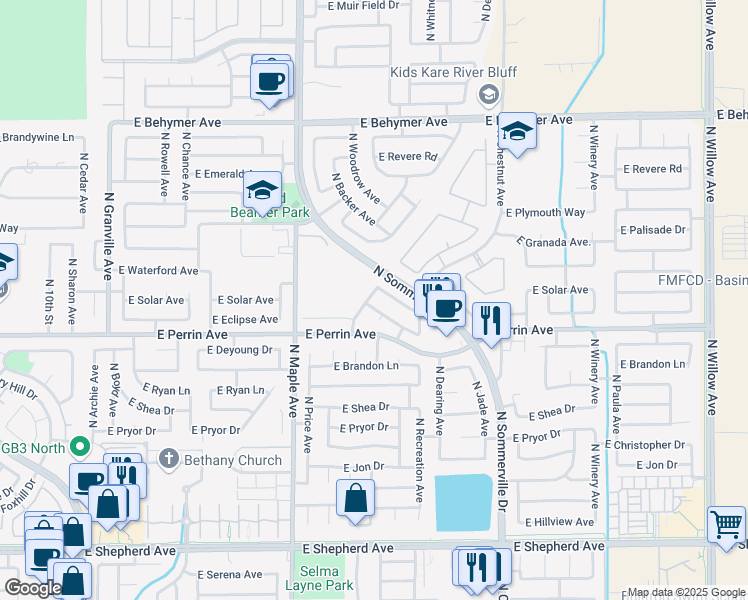map of restaurants, bars, coffee shops, grocery stores, and more near 2170 East Eclipse Avenue in Fresno