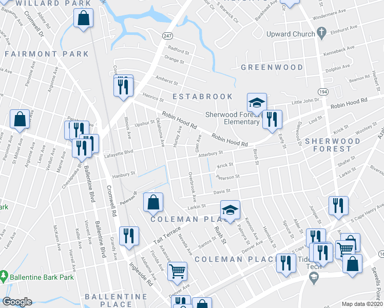 map of restaurants, bars, coffee shops, grocery stores, and more near 3742 Atterbury Street in Norfolk