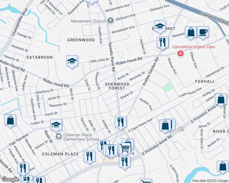 map of restaurants, bars, coffee shops, grocery stores, and more near 2727 Sewells Point Road in Norfolk