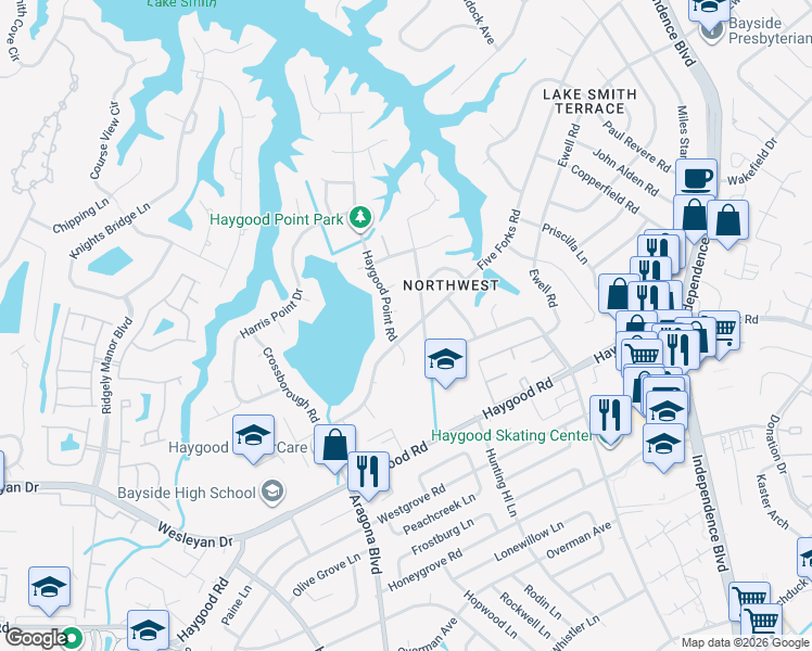 map of restaurants, bars, coffee shops, grocery stores, and more near 4701 Haygood Point Road in Virginia Beach