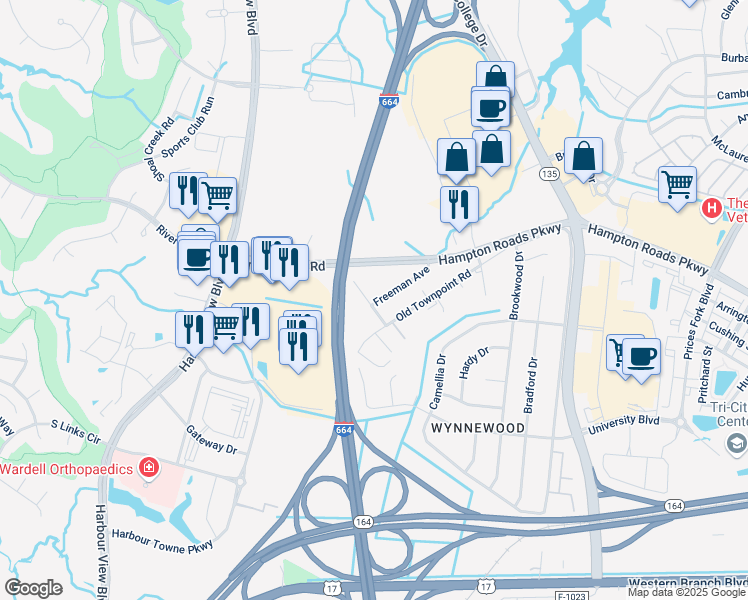 map of restaurants, bars, coffee shops, grocery stores, and more near 6230 Skeet Road in Suffolk