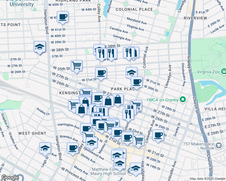 map of restaurants, bars, coffee shops, grocery stores, and more near 637 West 28th Street in Norfolk