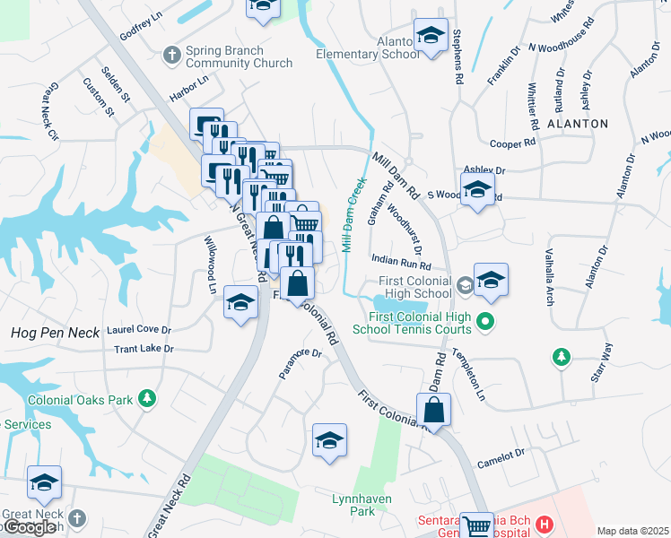 map of restaurants, bars, coffee shops, grocery stores, and more near 2131 Retreat Court in Virginia Beach