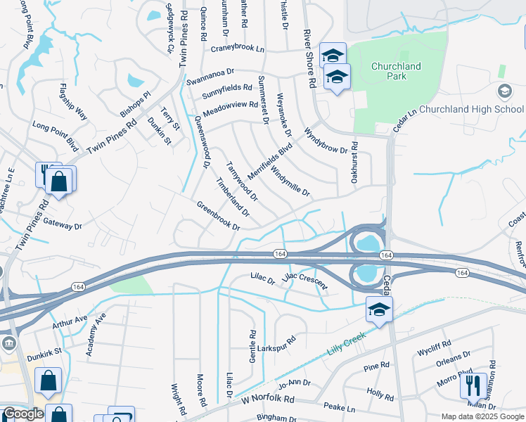 map of restaurants, bars, coffee shops, grocery stores, and more near 4012 Tarnywood Drive in Portsmouth